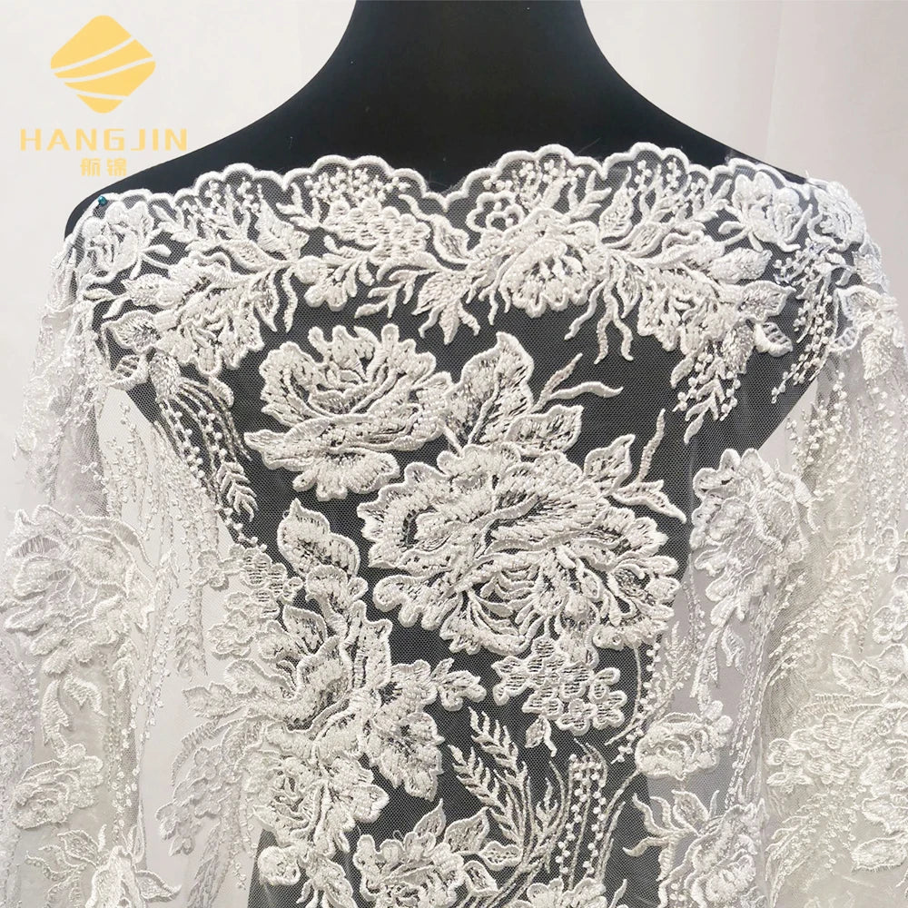 Elegant Design Ivory Soft Tulle Embroidery Beads Lace Fabric Sequin for Wedding Dress