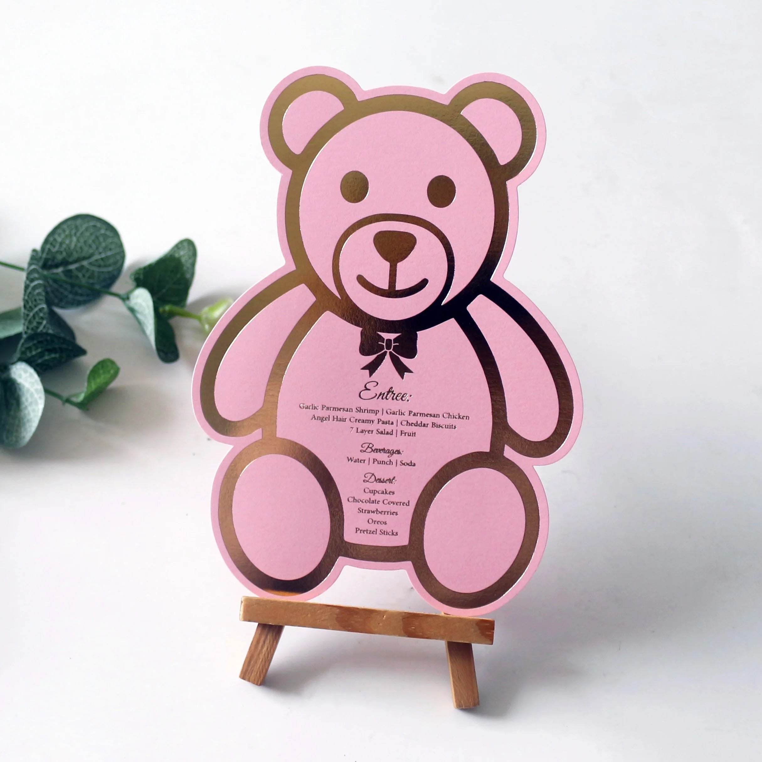 Die Cut Cute Teddy Bear Paper Menu Card Pink Customized Shape and Wordings