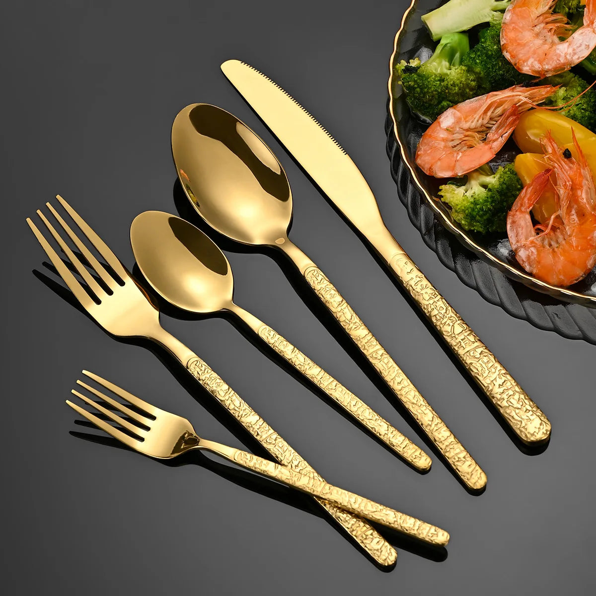 Stainless Steel Flatware Set Mirror Polished Gold Hammered Embossed Cutlery Stone Pattern Kitchen Tableware Sets