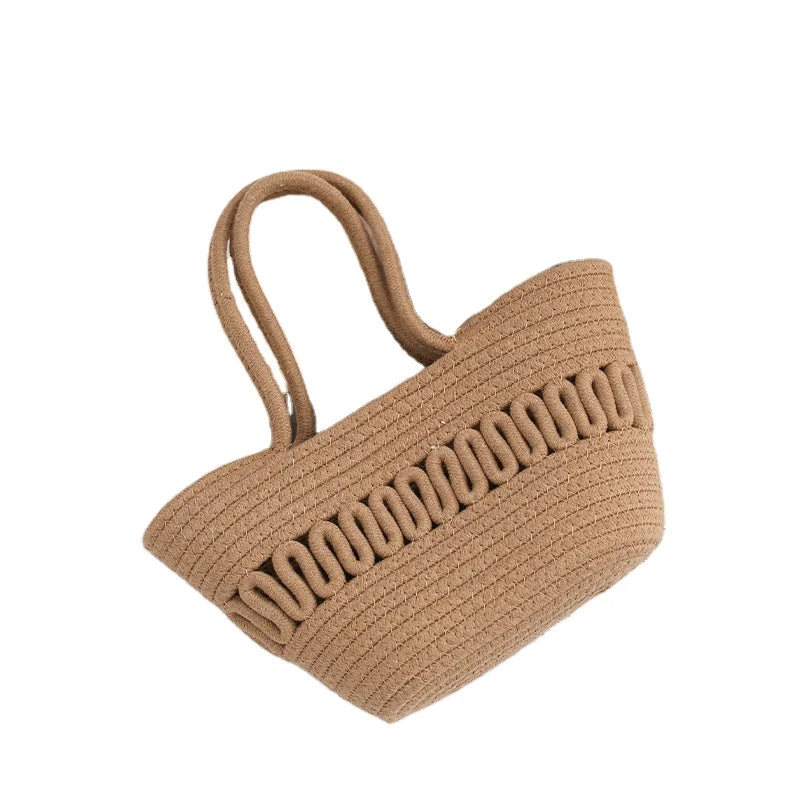 French Style Summer Casual Female Woven Bucket Tote Bag Cotton Rope Open Sweet Girl's Portable Single Shoulder Bag Two Handles