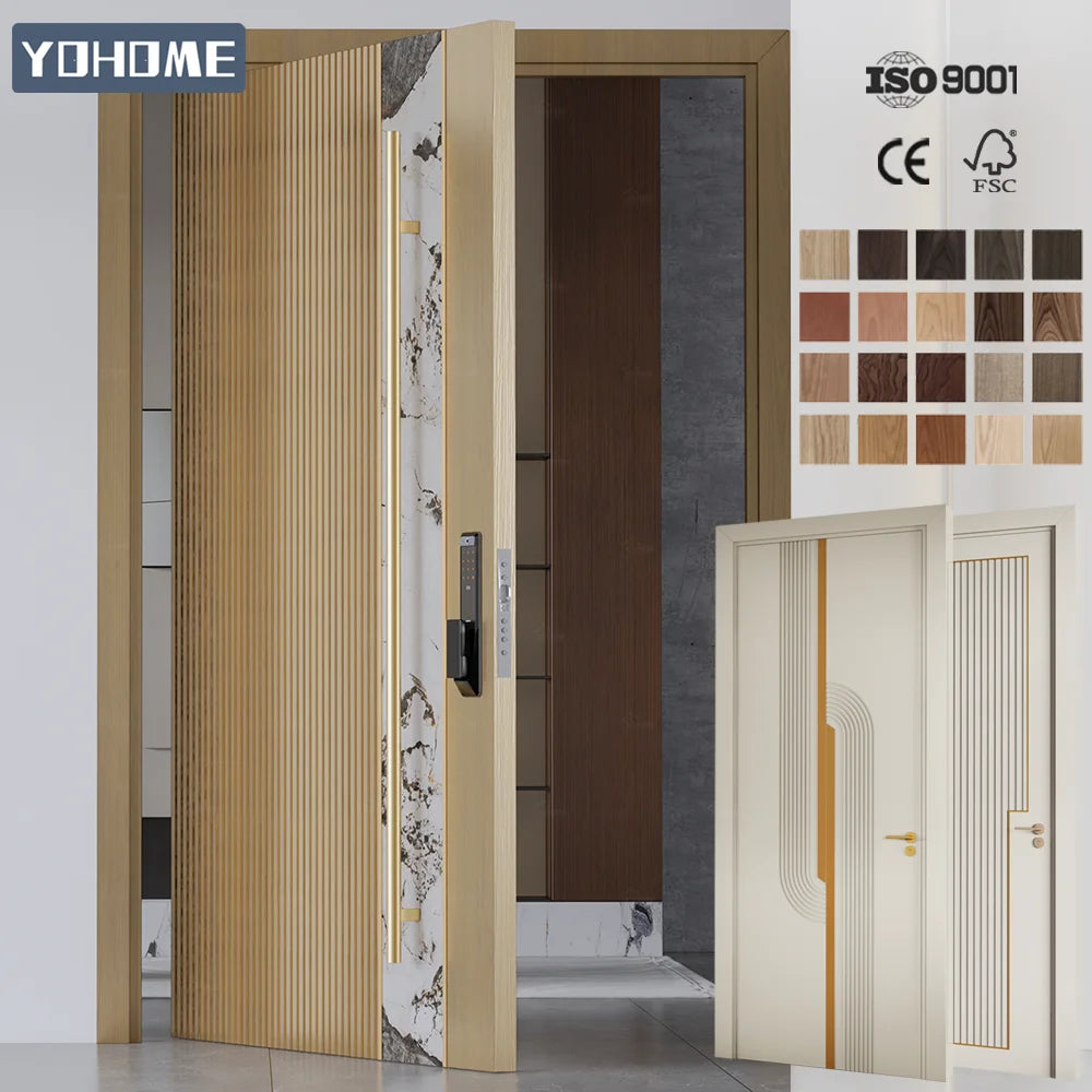 Yohome Latest Design Elegant Marble Panel Insert Grooved Timber Front Entry Door Modern Wood Front Door Pivot Wooden Front Doors