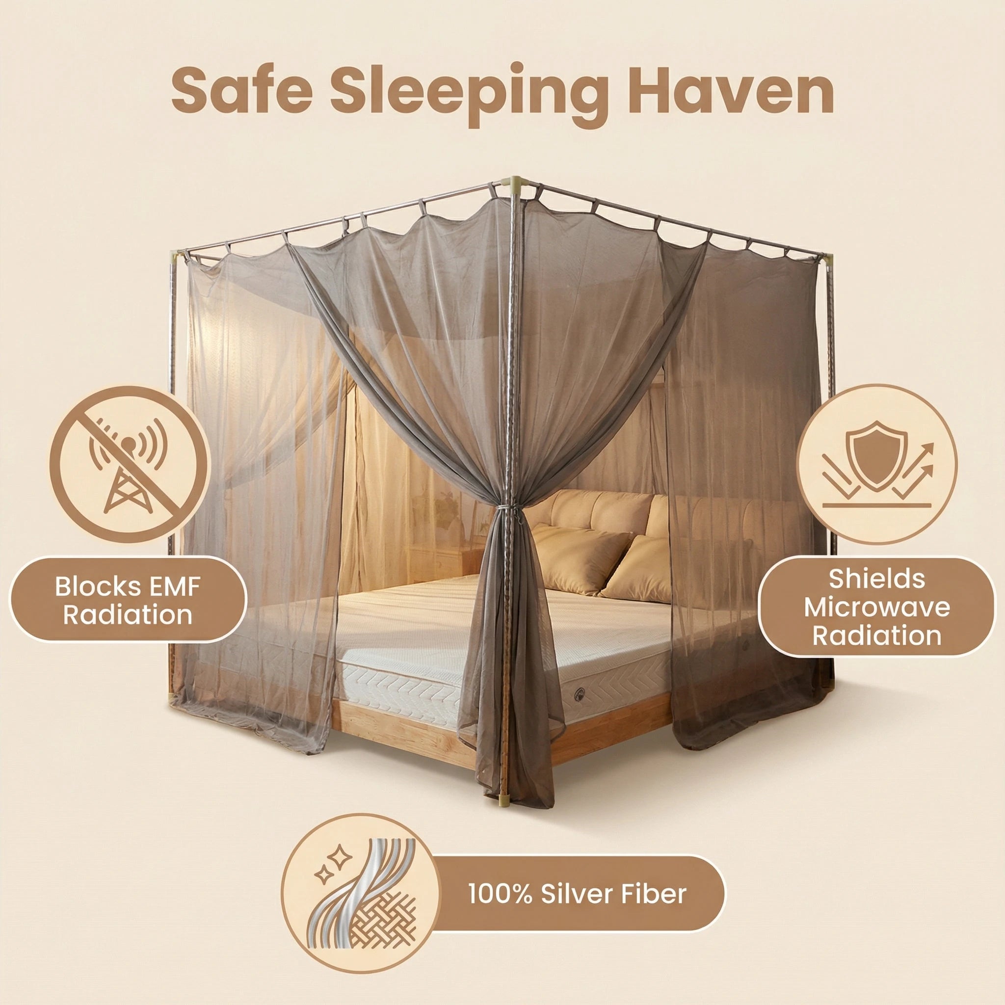 BLOCK EMF Radiation Resistant Square Single Door Opening Mosquito Net & Bed Canopy for EMF Protection Emf Shielding Canopy