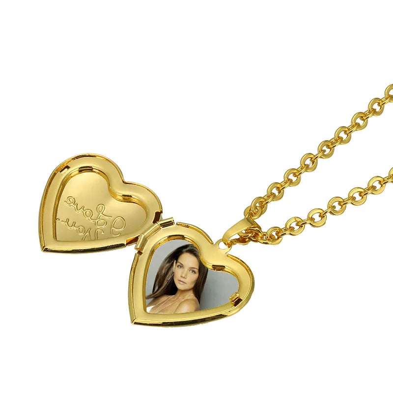 Ladies DIY Charm Floating Locket Chain Necklace Best Friend China Pendant Peach Heart 'I Love You' Photo Frame Gold Plated Brass