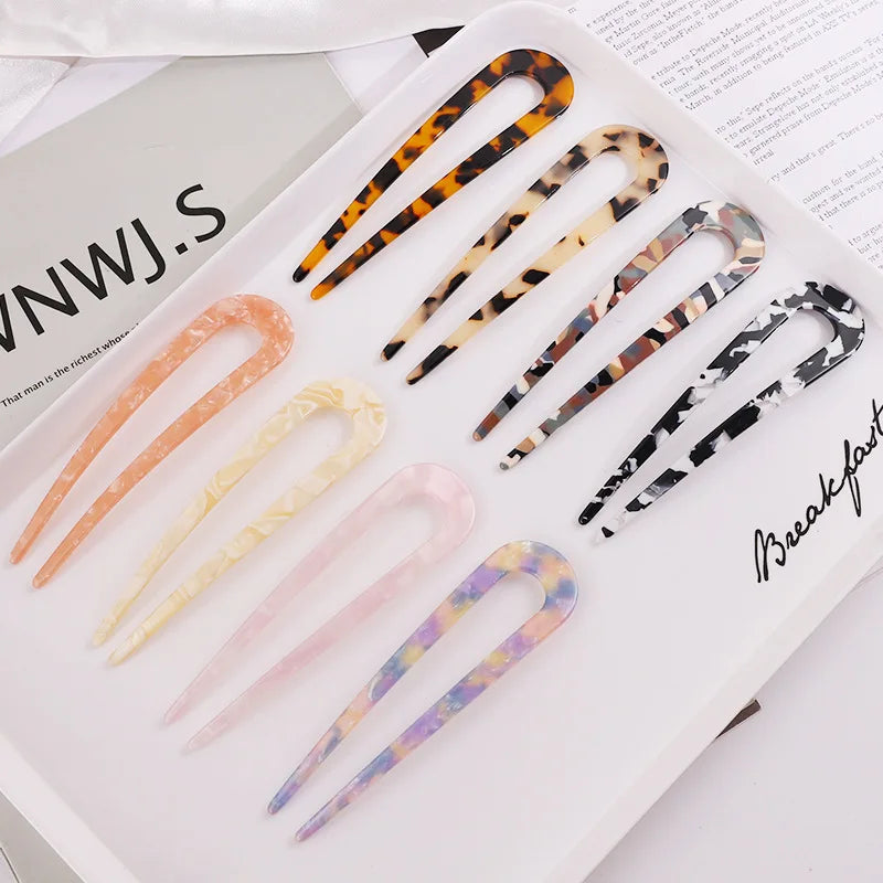 SongMay 4.6 Inch Cellulose Acetate Tortoise Shell Hair Forks 2 Prong Updo Chignon French Hairpin U Shaped Hair Pin Accessories