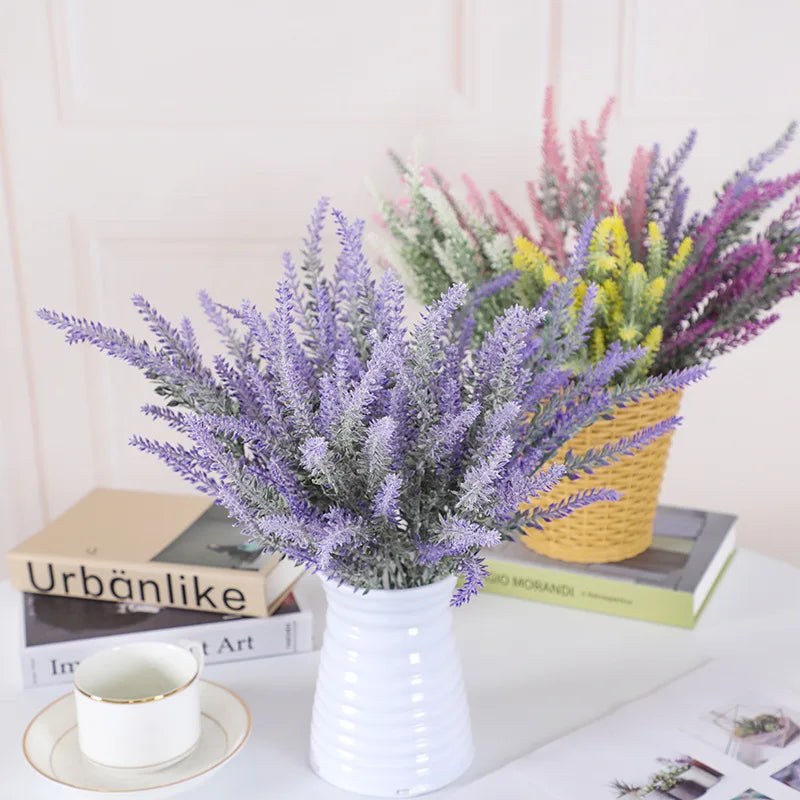 E-L089  White Green Artificial Flowers 6 Bundles Lavender Bouquet for Wedding Home Office Table Decoration