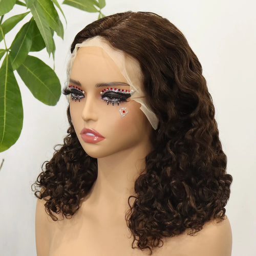 #4 Chocolate Brown Lace Front Bob Wig Roma Curly Human Hair 250 Density Short Wigs for Black Women Easy to Install Glueless Wig
