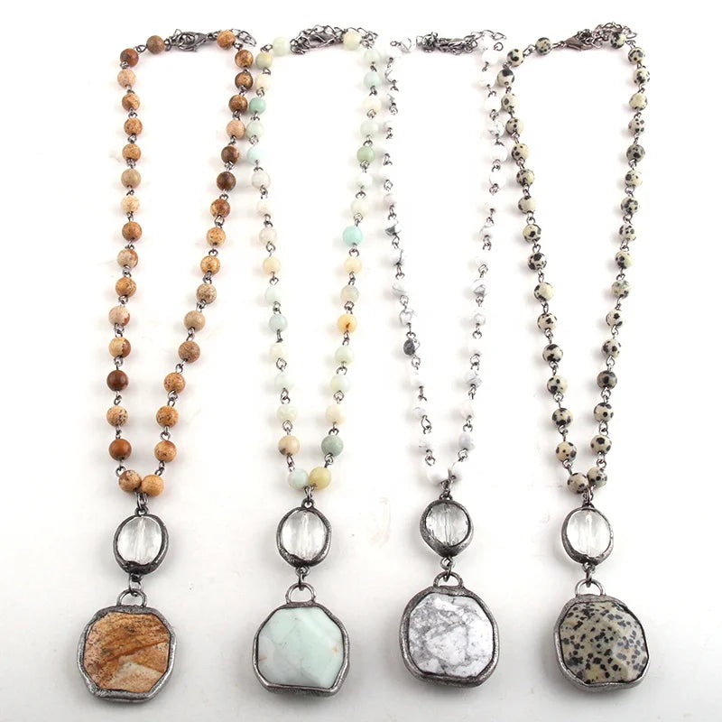 Fashion Collar Statement Women Gemstone Howlite Ethnic Necklace 6mm Natural Stone Pendant Choker Necklaces