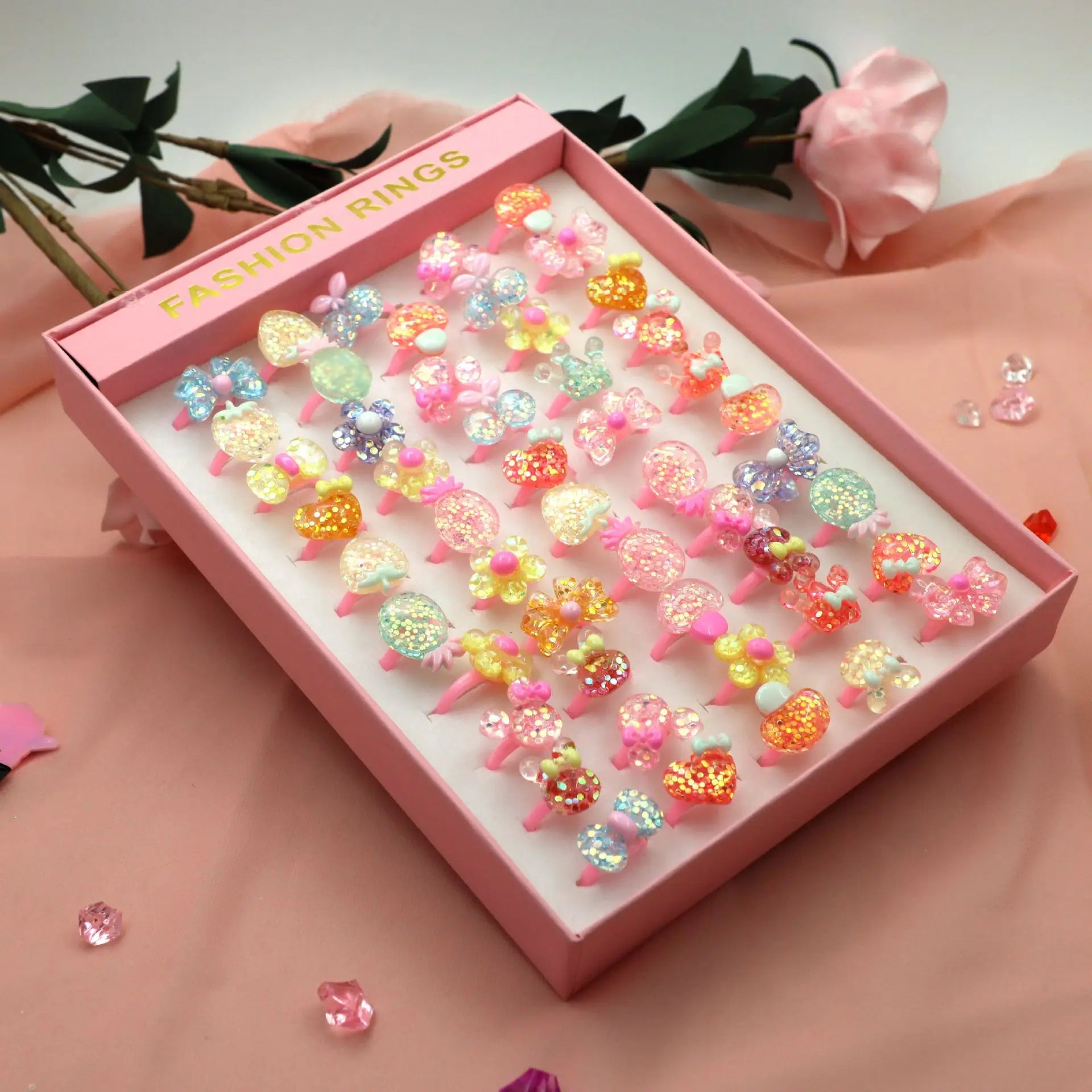Children Plastic Rings Sets Cartoon Floral Fruit Color Adjustable Ring Bring Color Girls Kids Finger Chain