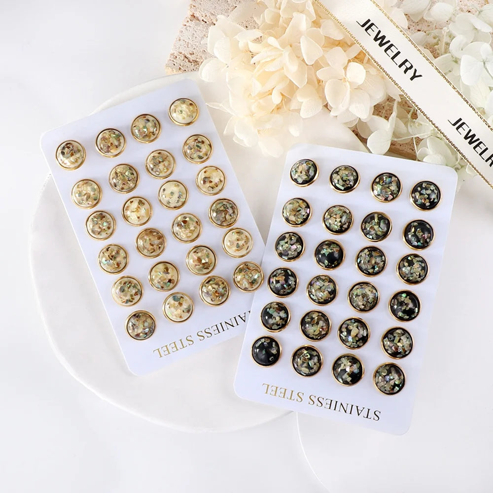 Waterproof Stainless Steel Jewelry Earrings Custom Ladies Gift PVD 18K Gold 12 Pairs/set Round Black White Broke Flower Earrings
