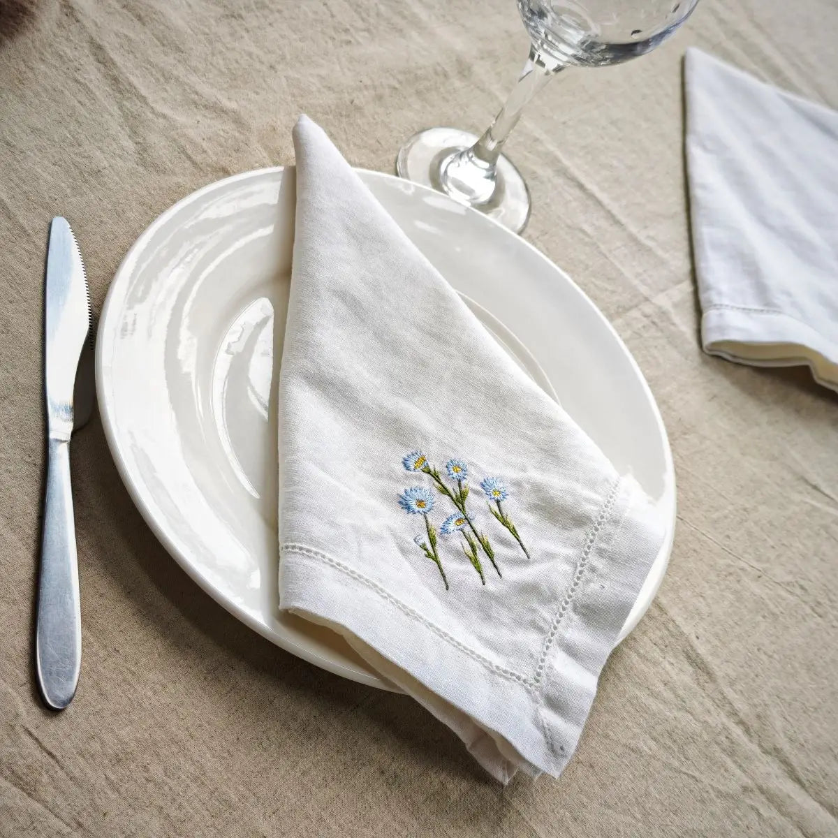 100% Linen Napkins with Charming Blue Flower Embroidery White Breathable & Artistic a Must - Have for Home & Restaurant Tables