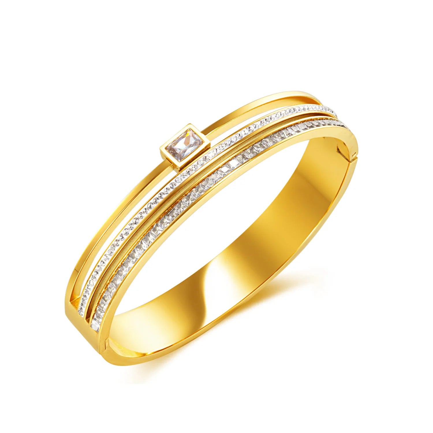 Stainless Steel 18K Gold Plated CZ Zircon Bangle Bracelets Couple for Women Jewelry Accessory
