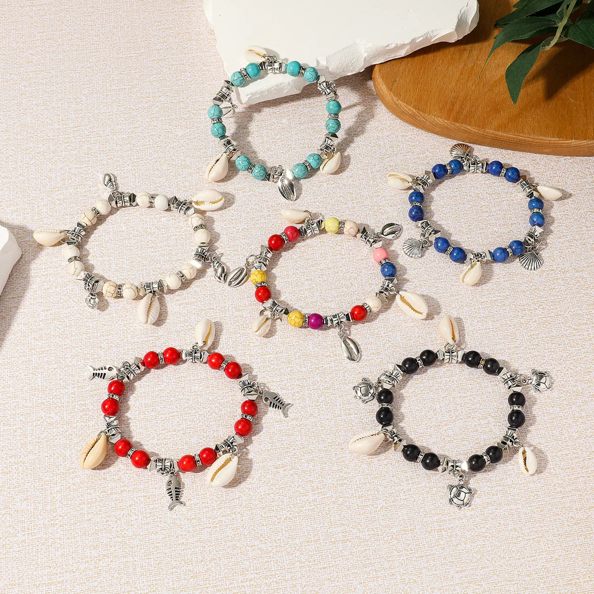 Pure Handmade Women's Classic Style Natural Turquoise Shell Turtle Beaded Bracelet for Wedding or Gift Charm Bracelets