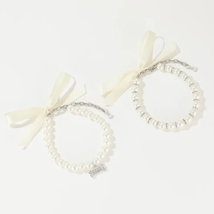 White Cats Dogs Pet Decor Jeweled Satin Plastic Cat Dog Collar with Pearl Rhinestone Pendants S/M/L Sizes 4 Seasons Use
