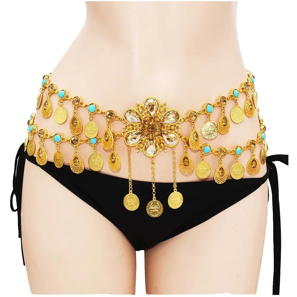 Bohemia Retro Ethnic Style Hollow Out Rhinestone Flower Allow Belt Body Jewelry Waist Belly Chain for Girl Fashion Accessories