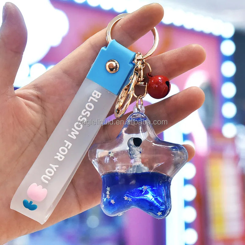 Creative Moving Liquid Quicksand Keychain Five Pointed Star Space Man Floating Astronaut Keyring Keyfob