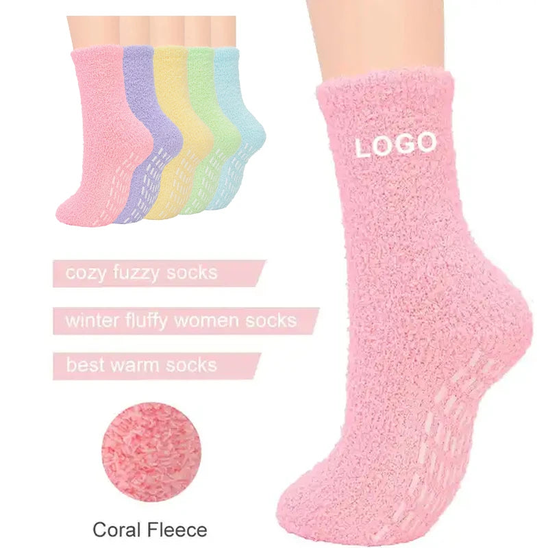 Wholesale Custom Logo Winter Coral Velvet Anti Slip Floor Socks Crew Thickened Warm Womens Sleep Fuzzy Socks