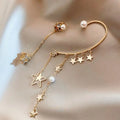 Pearl Rhinestones Tassel Drop Earrings Without Pierced Fashion Jewelry Asymmetric Gold Color Star Clip on Earrings Non Pierced