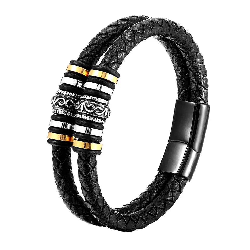 Men's Stainless Steel Multi-layer Leather Engagement Bangles DIY Braided Rope Magnetic Clasps OT-167