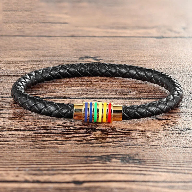 Luxury Classic Iridescence Stainless Steel Magnetic Clasp Braided Genuine Leather Bracelet for Men Bangle Jewelry