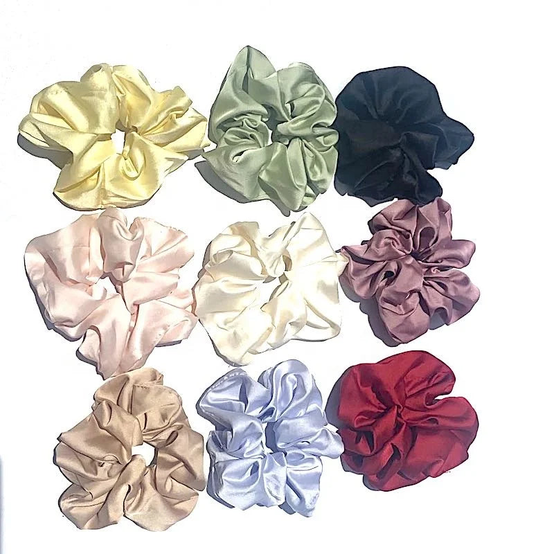 Wholesale Customized Solid Satin Elastic Hair Tie Accessories Big Soft Pink Satin Silk Scrunchies for Women Hair Decoration