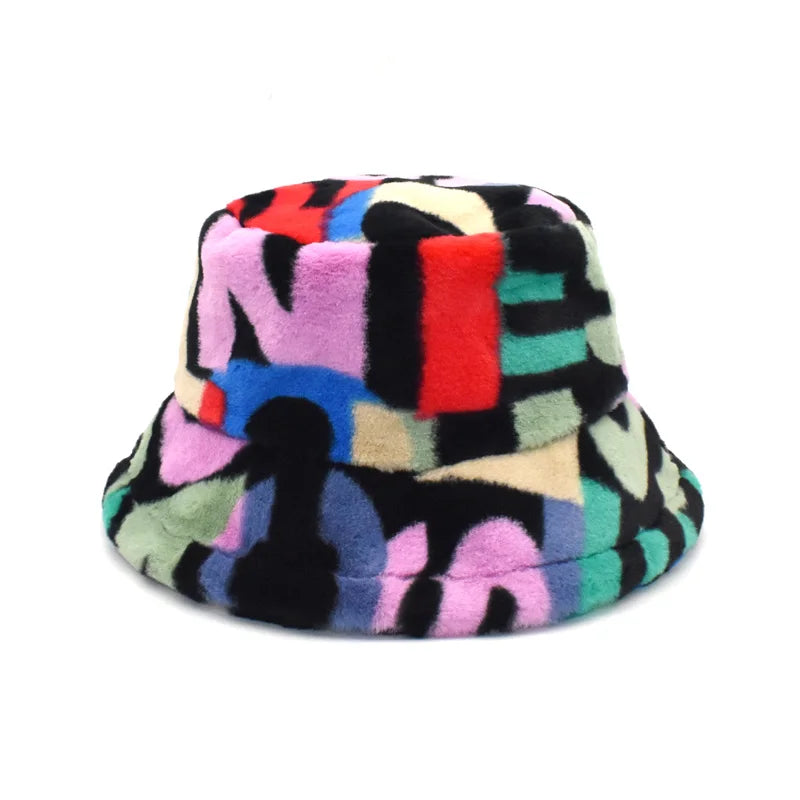 New Arrival Colorful Pattern Rabbit Fur Bucket Hat Versatile for Daily Life Casual Fishing Skiing Cycling Parties