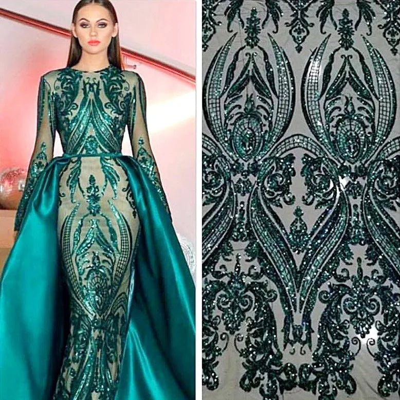Curlicue Sequins OnTela Bordada Con Encaje De Malla Striped Damask Lace 4-Way Stretch 100% Polyester Embroidered Wedding Prom