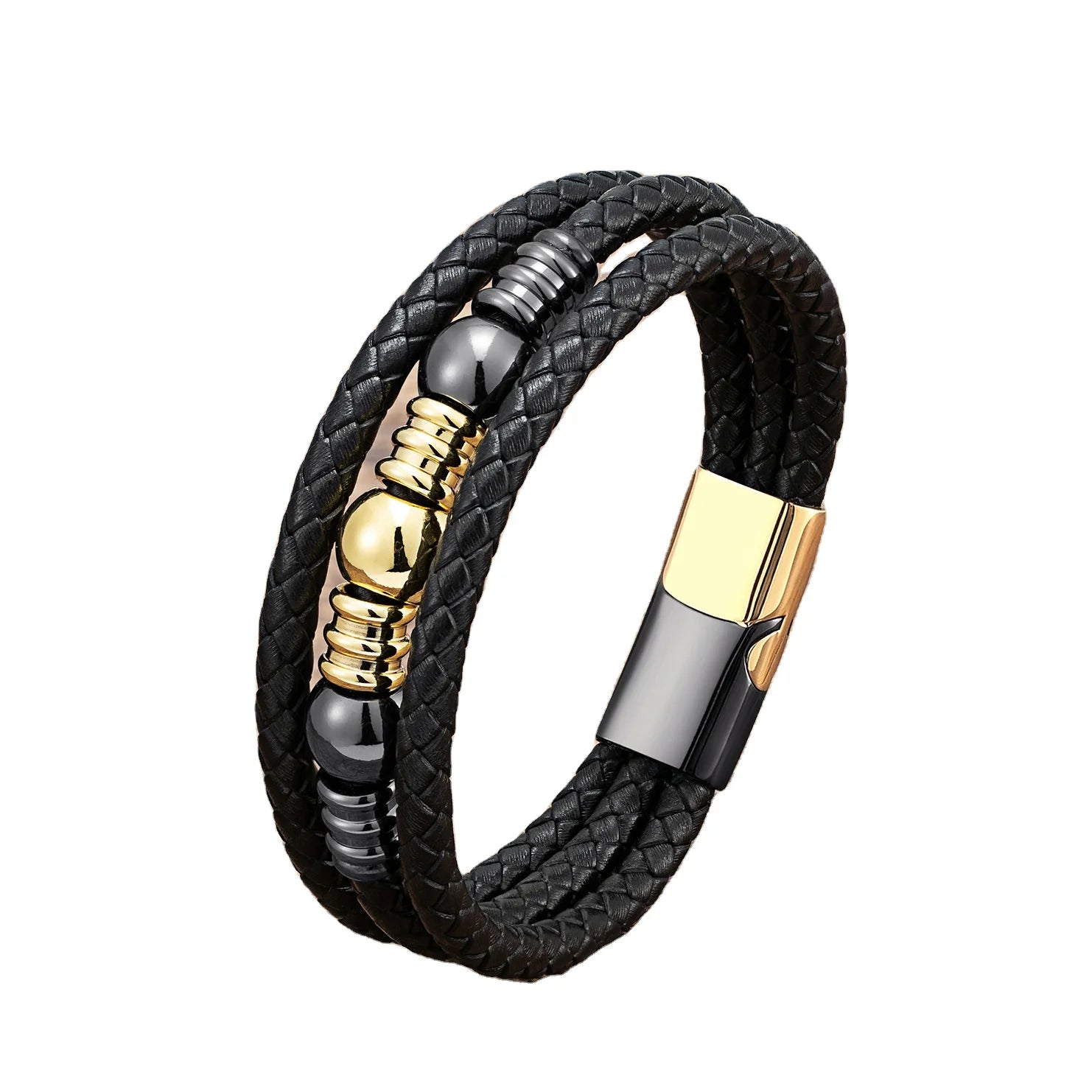 Multi Color Men Braided Leather Stainless Steel Space Bead Charm Bracelet