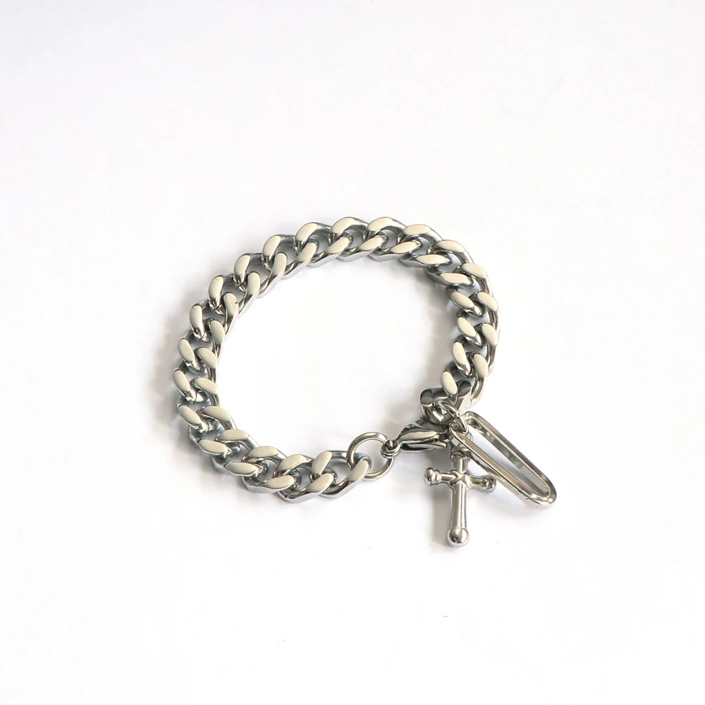 Men's Unique Stainless Steel 8mm Cuban Chain Bracelet with Cross and Rectangular Piece Stylish Trendy Gift Idea