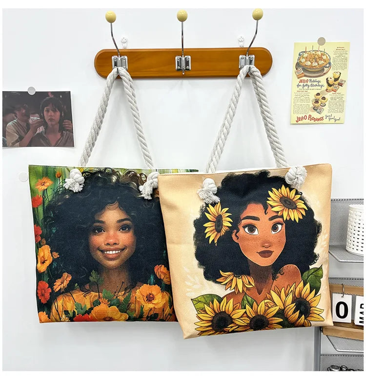 Bart Painted Handmade Bag Cartoon Linen Canvas Bag Large Capacity Black Beautiful Woman New Tote Bag