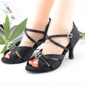 Wedopus Black Dancing Shoes Women High Heel Suede Bottom Latin Dance Shoes Sandals Satin