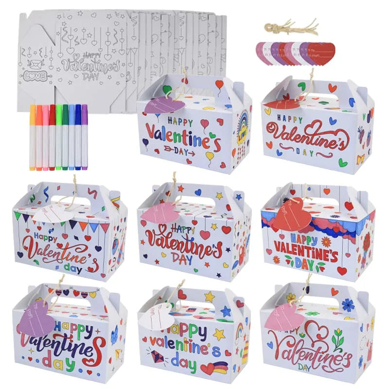 16PCS Kraft Paper Valentine's Day Gift Bags 9 Pcs Watercolor Pens Recycled Materials Hand Length Handle for Classroom Party MegaBDM
