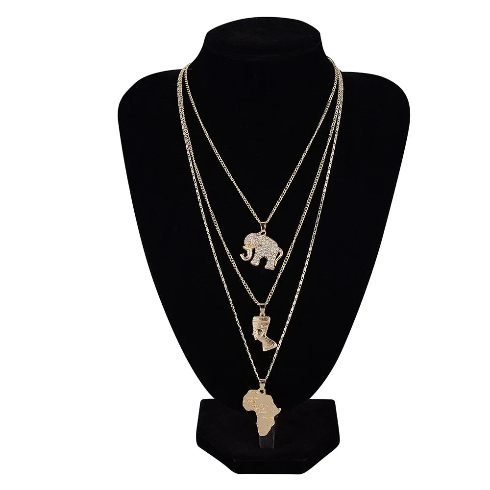 Wholesale Custom Fashion Layered Necklaces Egypt Pharaoh Gold Plated Elephant Queen Nefertiti Necklace MegaBDM