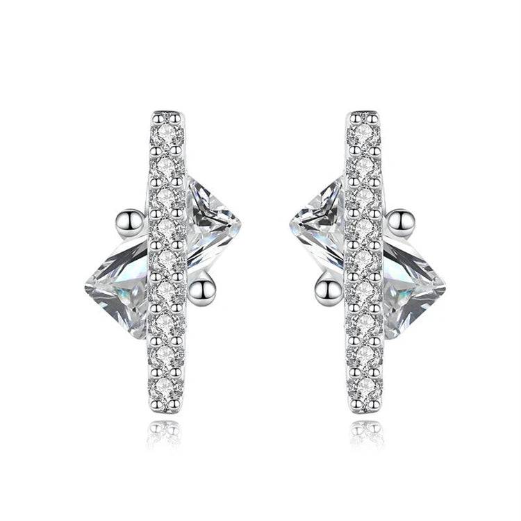 Fine fashion 925 sterling silver square shape baguette ice out CZ diamond stud earrings for women girls