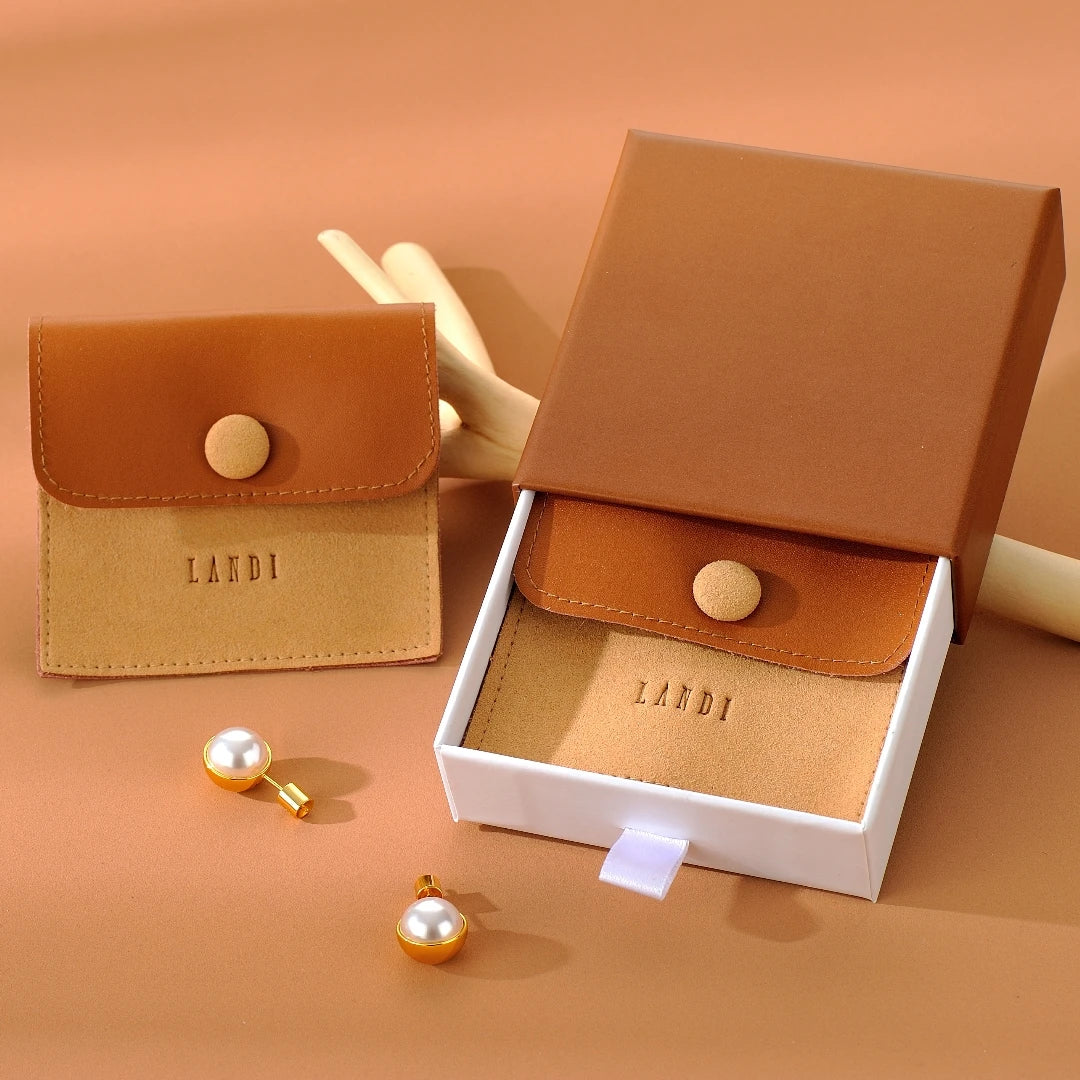 Custom Personalised Necklace Pouch Button Bag Brown Leather and Microfiber Jewelry Packaging Pouch With Button