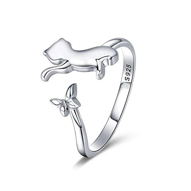 Animal Jewelry 925 Sterling Silver Resizable Cute Cat Butterfly Open Ring for Women