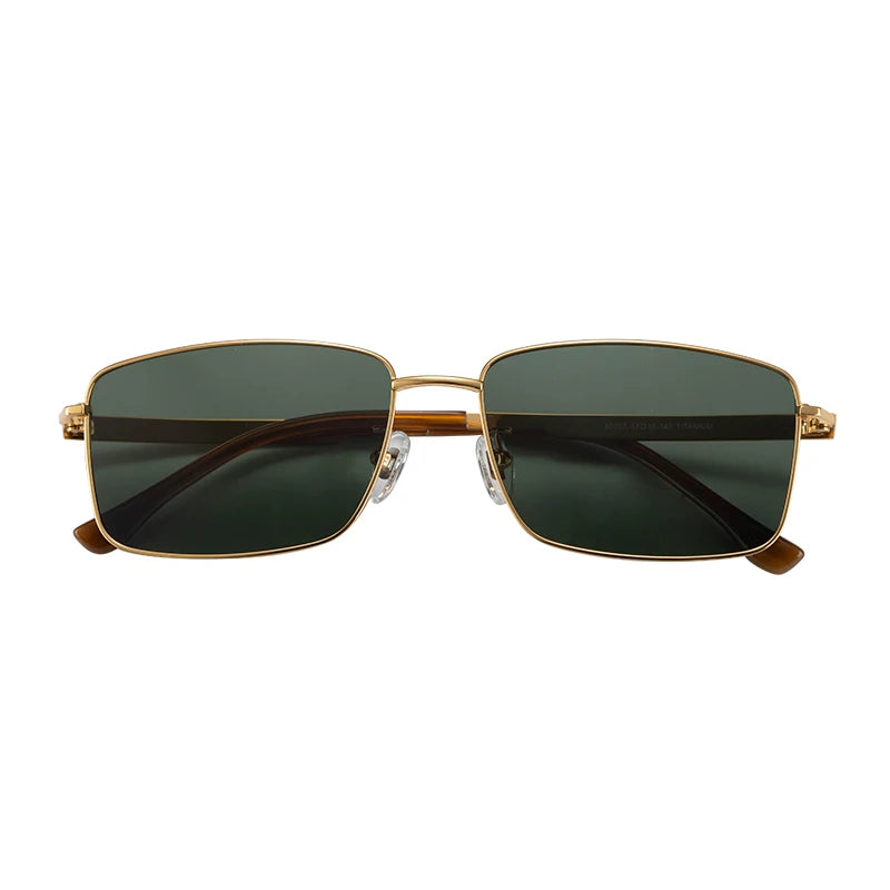 Vintage Gold Narrow Green Lens Pure Titanium Big Frames Rectangular Sunglasses