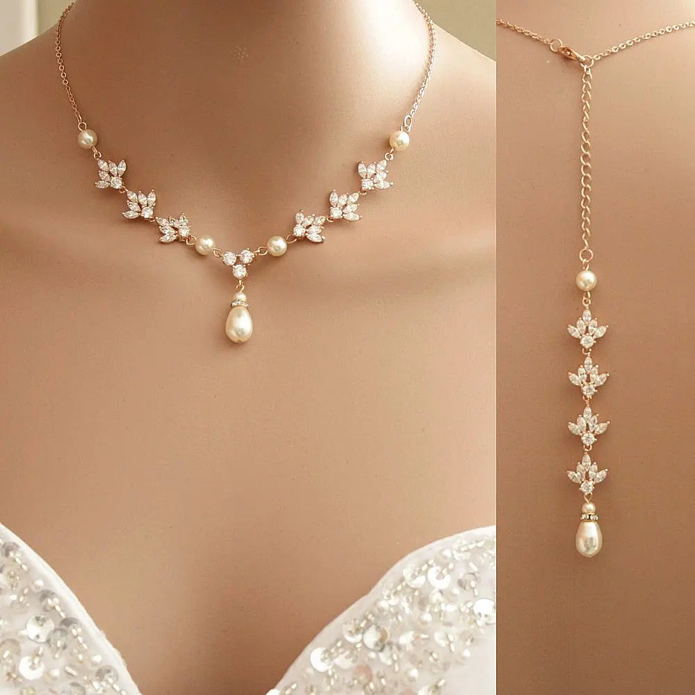 Zooying Rose Gold Silver Crystal Backdrop Pearl Cubic Zircon Bridal Necklace