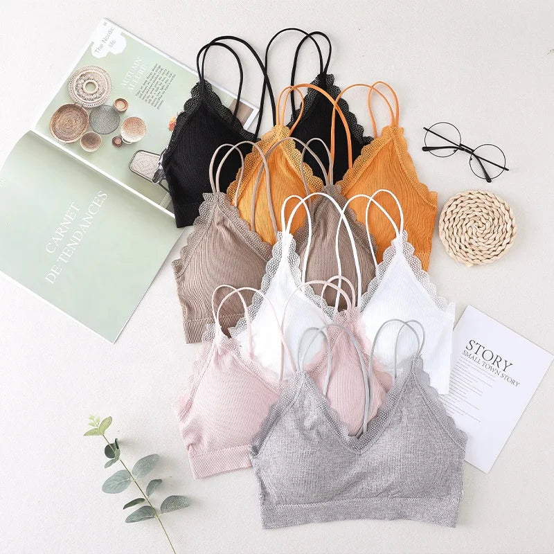 Deep V Padded Bralette Lace Bras for Women Crop Top Girls Backless Brassiere