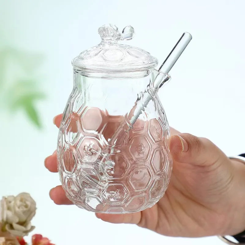 Honey Jar with Dipper and Lid Glass - Heat-Resistant 10 oz Beehive Honey Pot for Store Honey and Syrup Glass Bottle