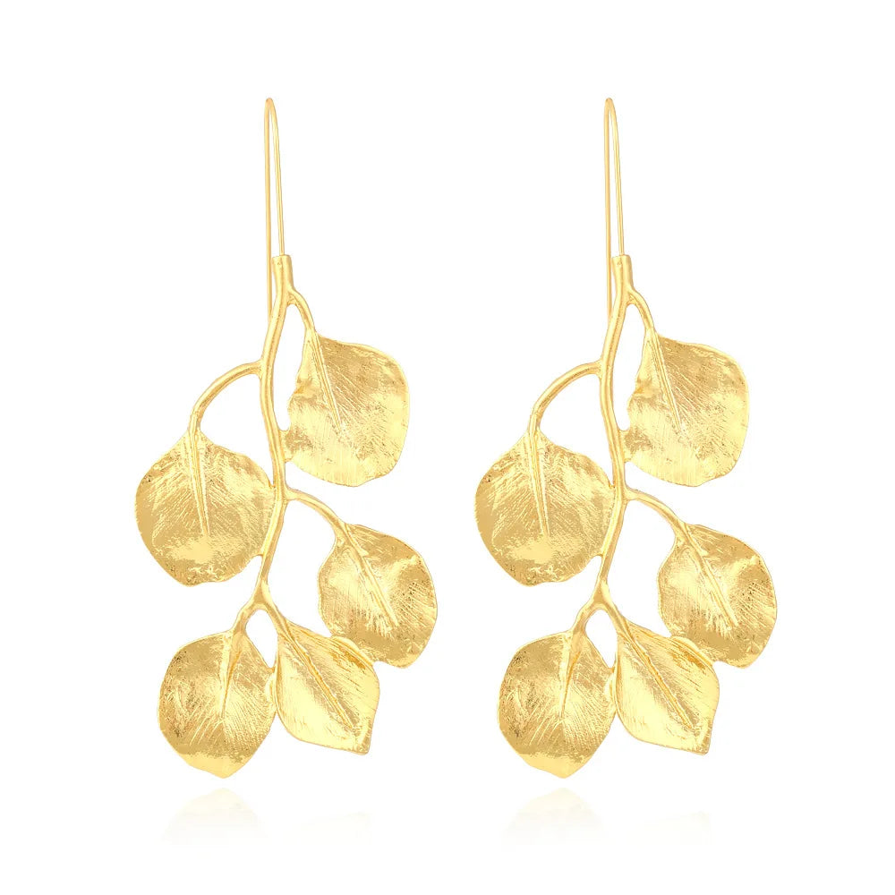 Evening Party Jewelry Personality Geometric Long Ear Hooks Retro Temperament Gold Leaf Earrings for Women Girls