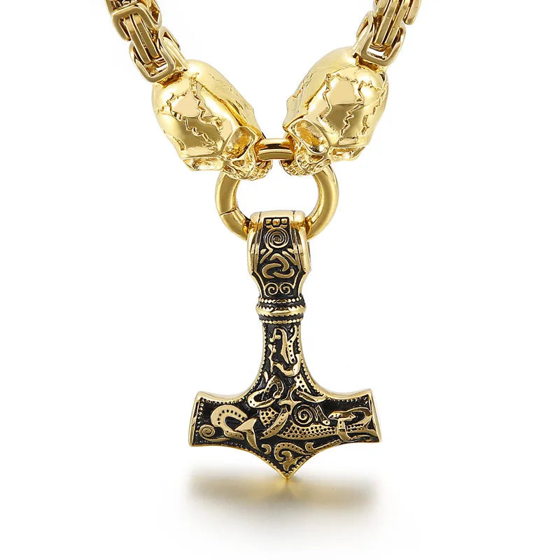 Kalen 18K Gold Plated Viking Jewelry Celtic Tomahawk Men's Stainless Steel Thor Mjolnir Hammer Necklace Pendant Men