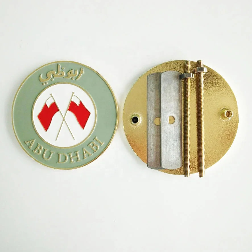 Stock United Arab Emirates ABU DHABI logo Metallic Soft Enamel Car Badge Emblem with Screws Nuts Plates Bolts in Round Shape