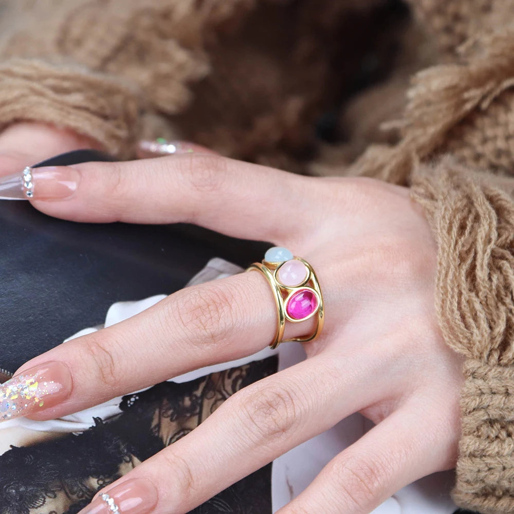 Chris April 316L Stainless Steel Band Ring Gold Colorful Gems Hollowed-out Chunky Rings
