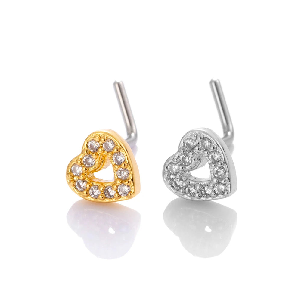 HENGSEN Stainless Steel Zircon 18K Gold Plated Small Hollow Heart Nose Stud Jewelry for Women Gift 811-1-L