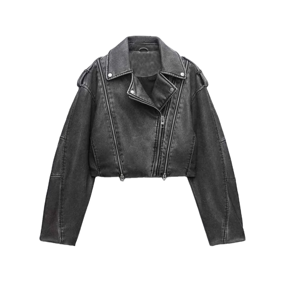 ZATRHMBM 2023 Women's New Fashion Distressed Imitation Leather Motorcycle Jacket Retro Long Sleeve Casual Zipper Women's Jacket