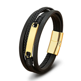 Hot Sale Personalized Woven Leather Rope Gold Plated Stainless Steel Magnetic Clasp Punk Charm Bracelet Men Jewelry
