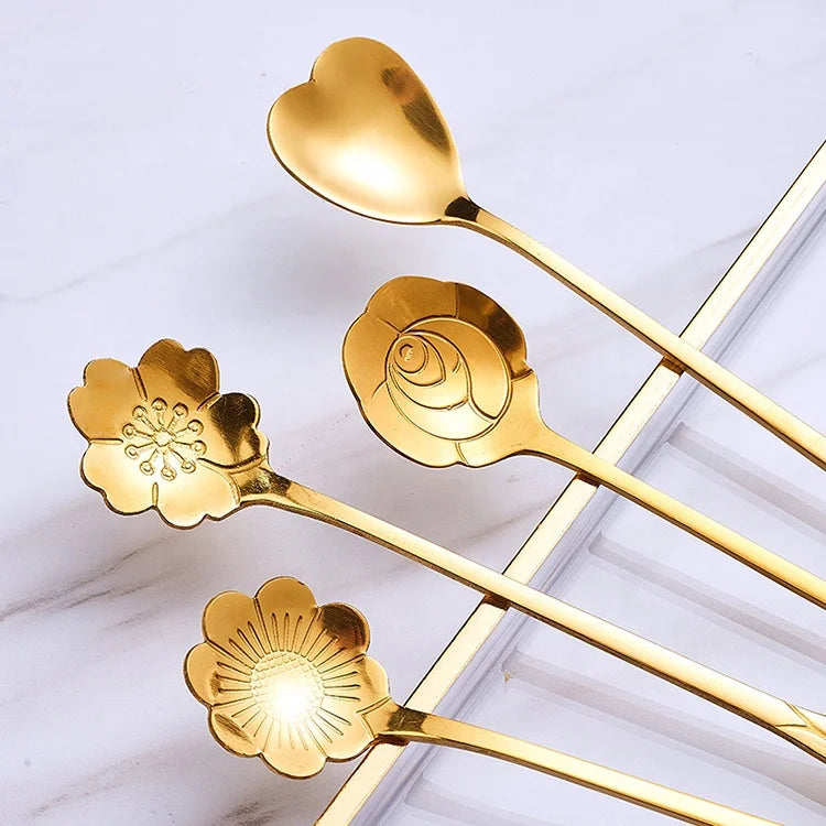 Long Handle Stainless Steel Rose Cherry Spoon Titanium-Plated Gold Short Handle Dessert Spoon Business Gifts High Quality Home