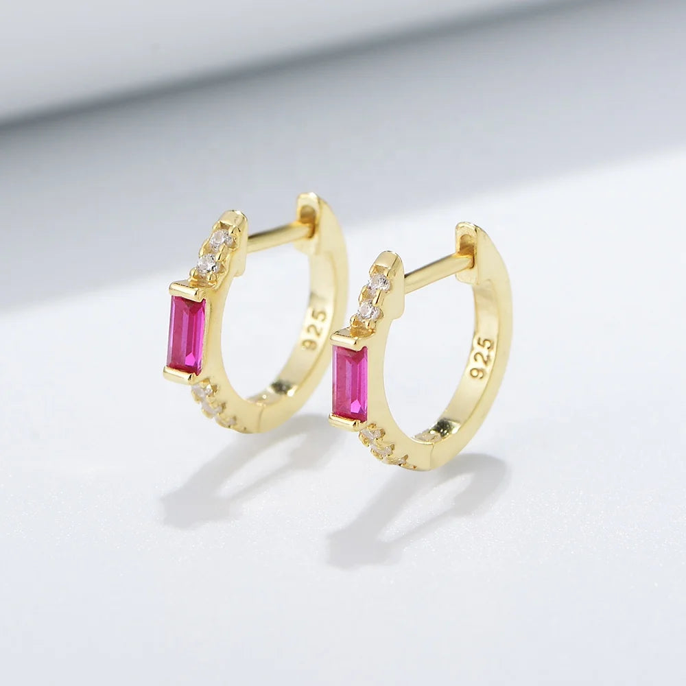 Fine Jewelry 925 Sterling Silver Gold Plated Dainty Emerald Red Corundum Cubic Zirconia Huggie Earrings for Women Girls