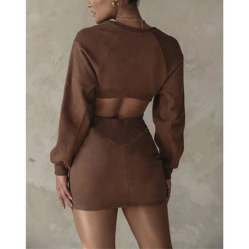 Women Long Sleeve Crop Sweatshirt One Piece Set Back Cutout Hoodie High Waist Mini Skirt Sexy Casual Lounge Wear Outfits Ladies