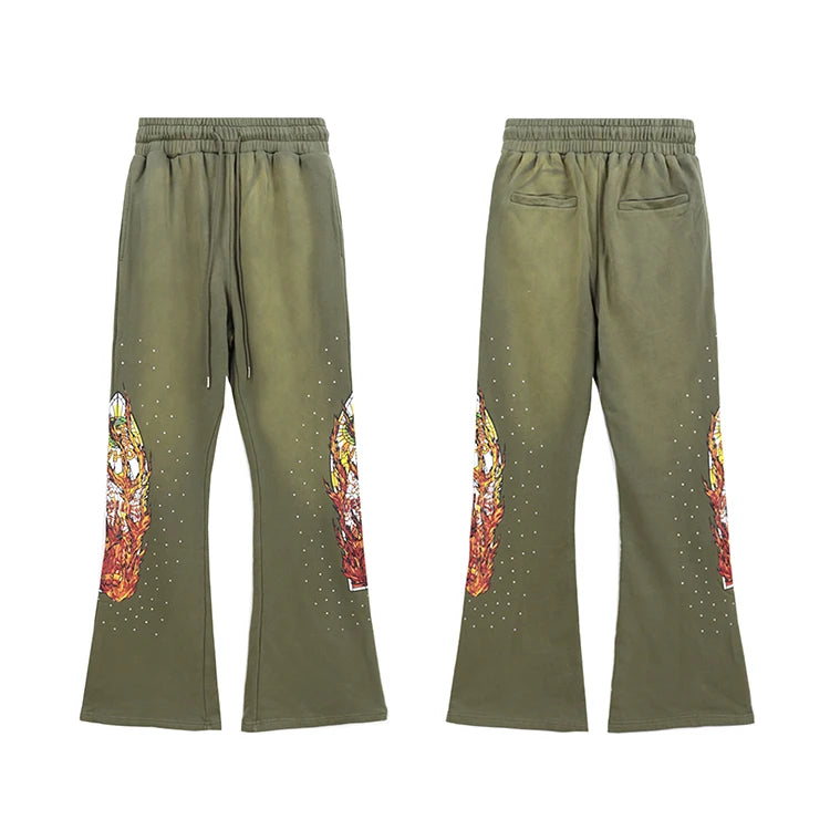 Custom Designed Vintage Flare Sweatpants Rhinestones Mid Waist French Terry Canvas Casual Straight Pattern Flattened Front Style